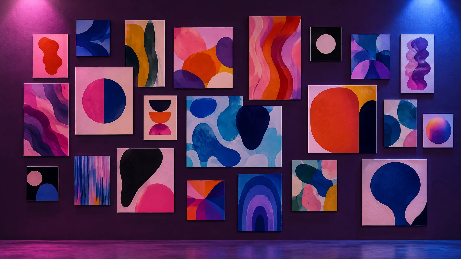 Wall of abstract colorful art prints in a masonry arrangement under pink and blue lights