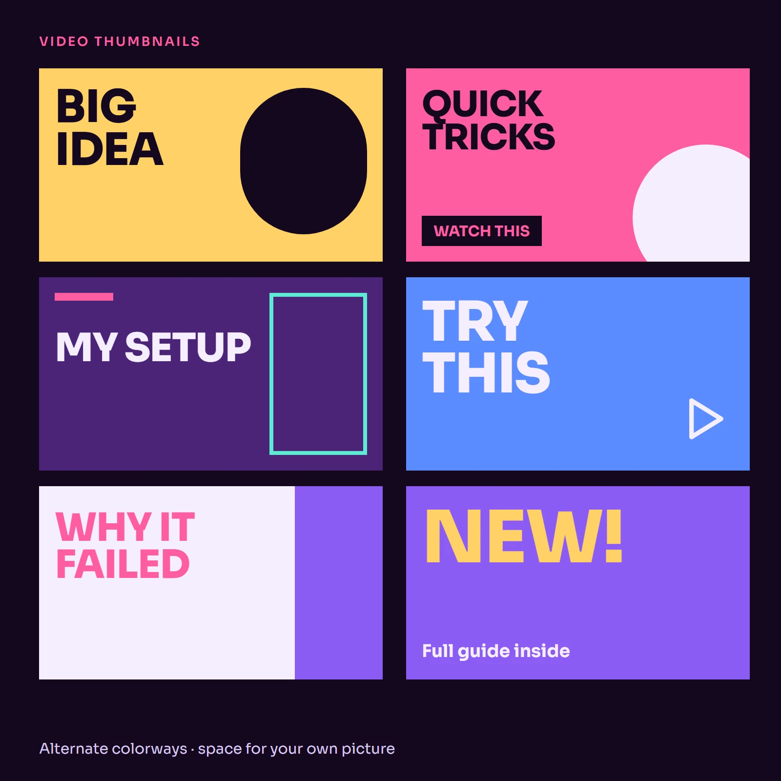 Wide video thumbnail templates with bold titles, colored blocks and circular picture areas.