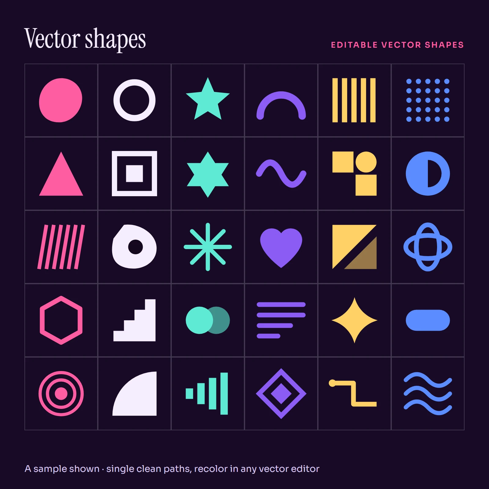 Sheet of geometric vector shapes including blobs, rings, stars, arcs, stripes and dot grids in pink, blue and violet.