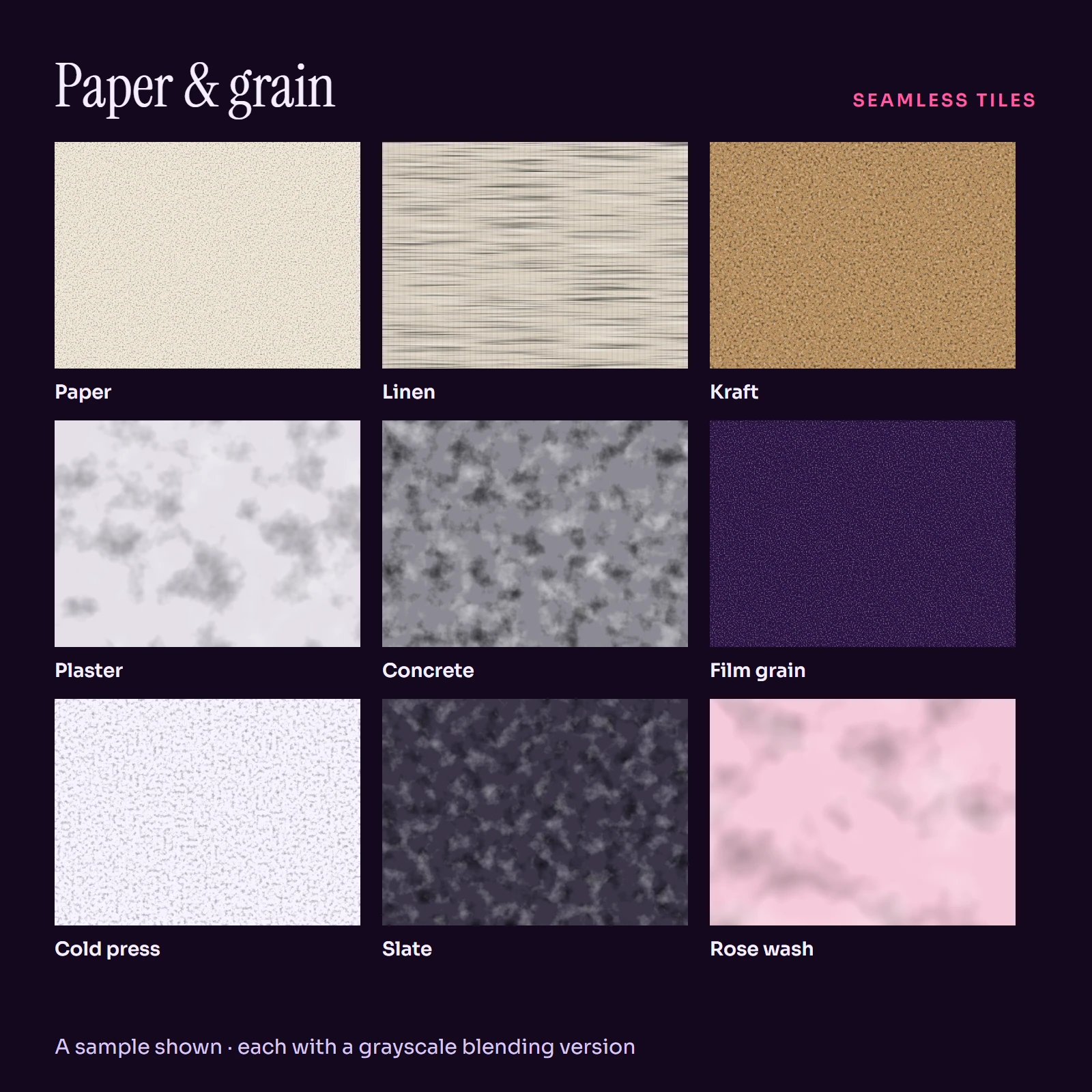 Grid of texture swatches labeled paper, linen, kraft, plaster, concrete and film grain in warm and cool tones.
