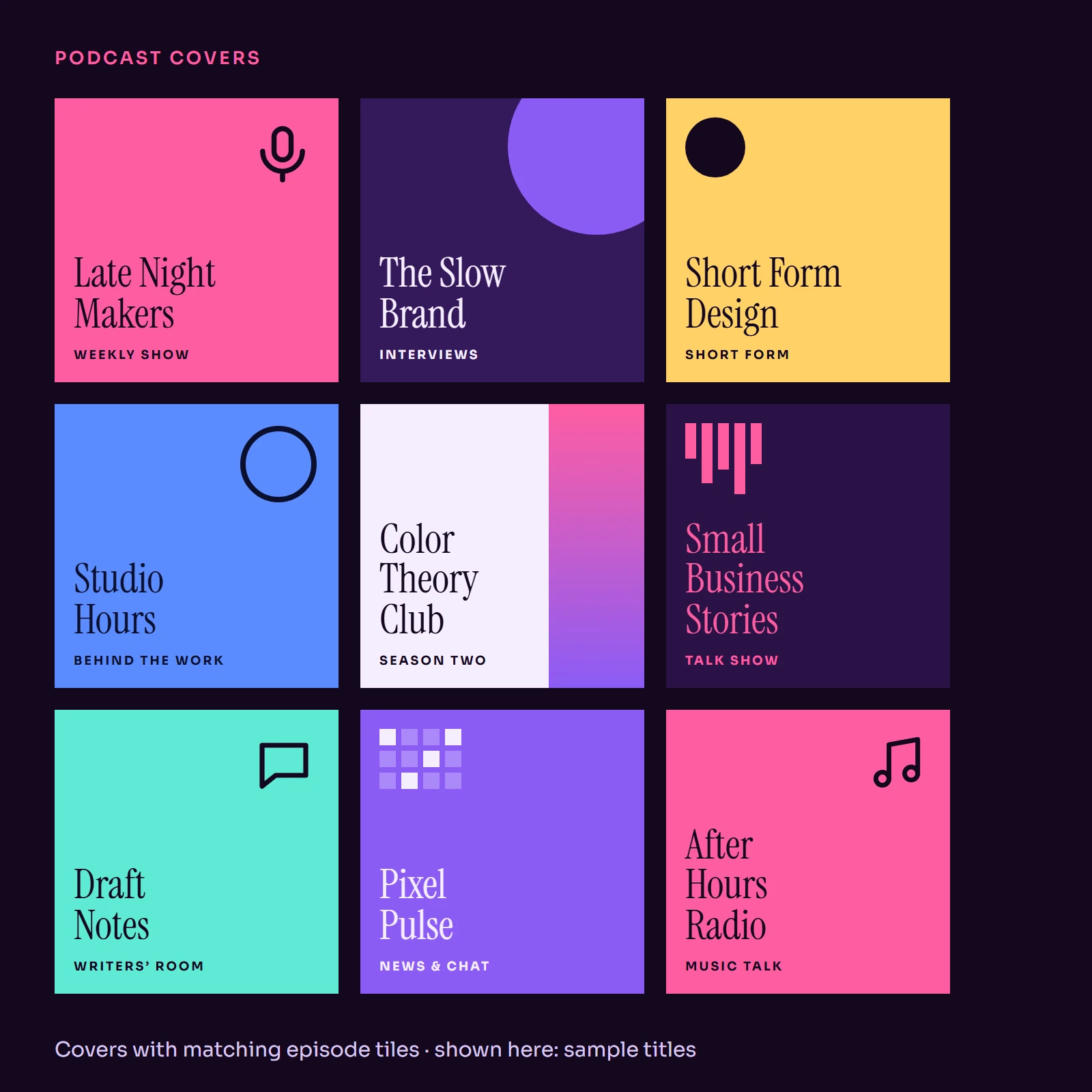 Grid of square podcast cover designs with titles, microphone shapes and colored backgrounds.