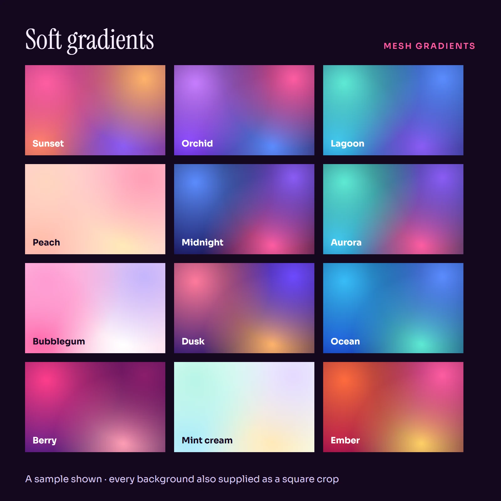 Grid of smooth mesh gradient swatches in pink, orange, violet, blue and teal.