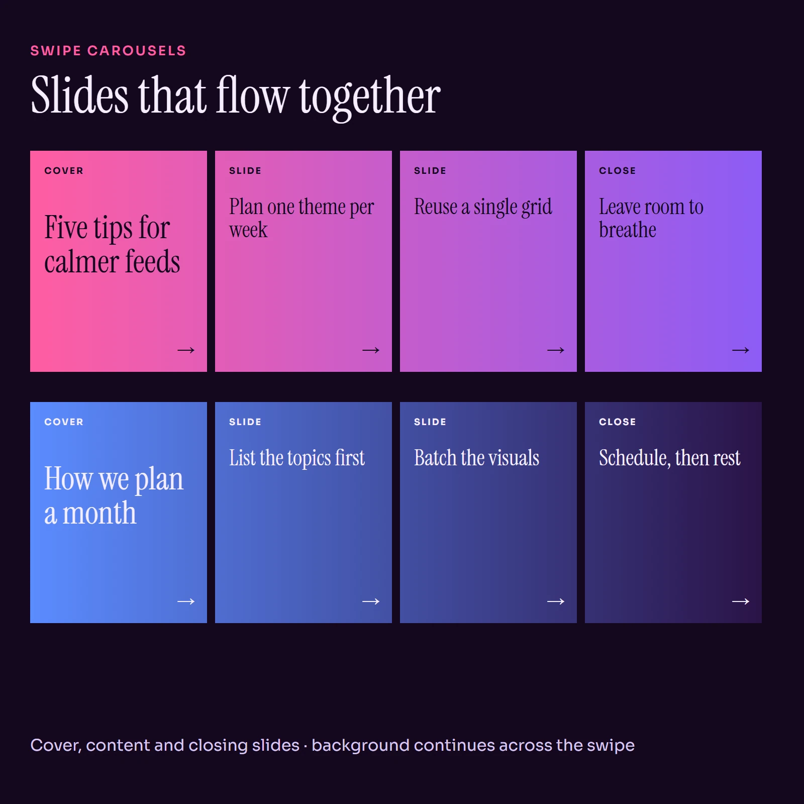 Two rows of connected carousel slides, one pink to violet and one blue to violet, with headlines and arrows.