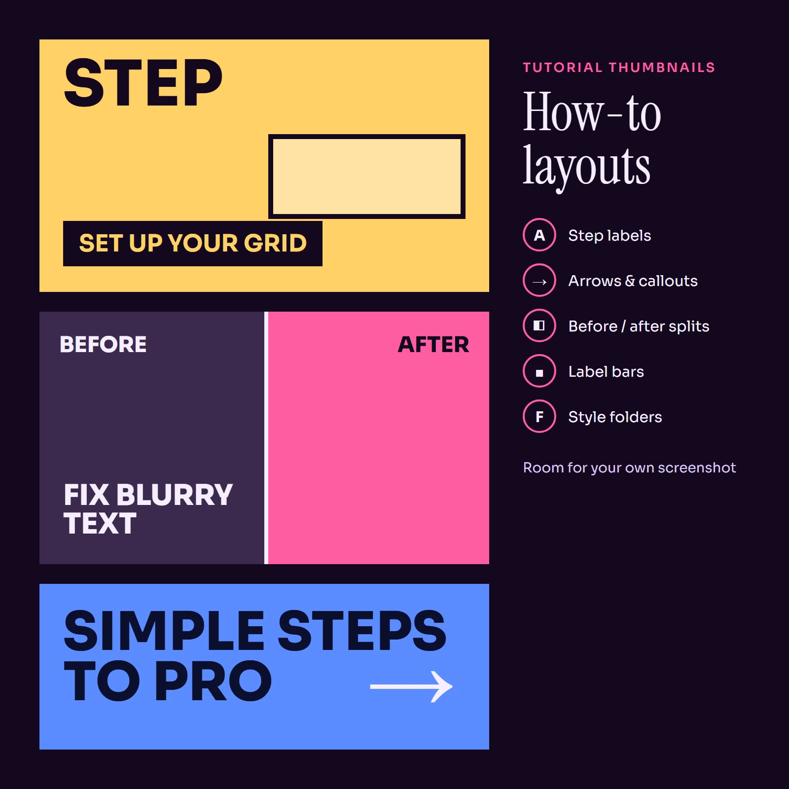 Stack of how-to video thumbnails showing step numbers, arrows, a split before and after layout and label bars.